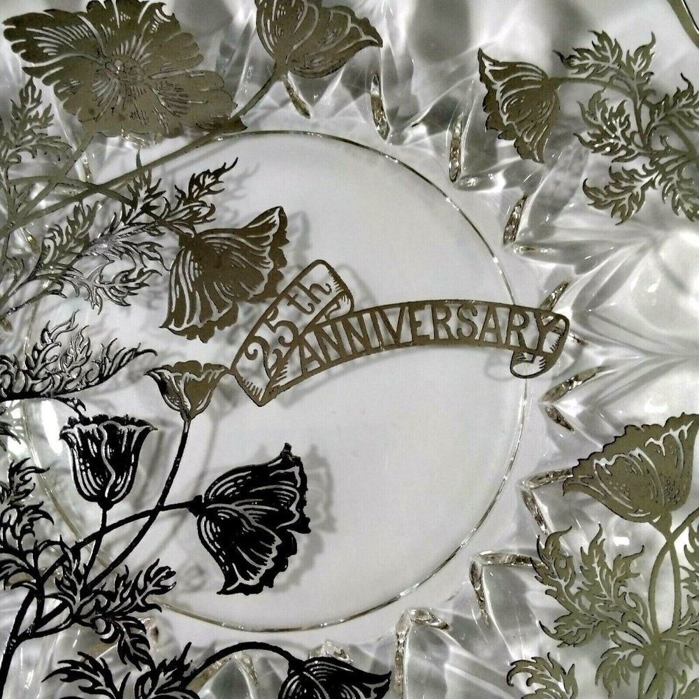 25th Anniversary Handled Plate Flanders Silver Trim Overlay Wedding Platter